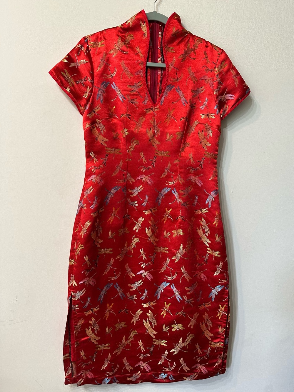 Asian Chinese Style Satin Jacquard Dress Red Gold Dragonfly Keyhole Sheath Slit